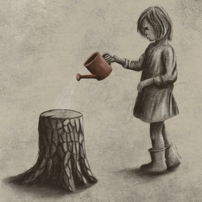 Child watering a tree stump with watering can in a pencil sketch illustration