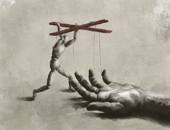 Surreal artwork of a marionette-like figure balancing on a giant hand with strings attached to a red crossbar.