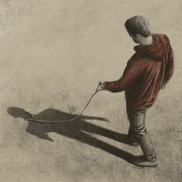 Person in red hoodie walking and pulling shadow of a dog on a leash artwork.