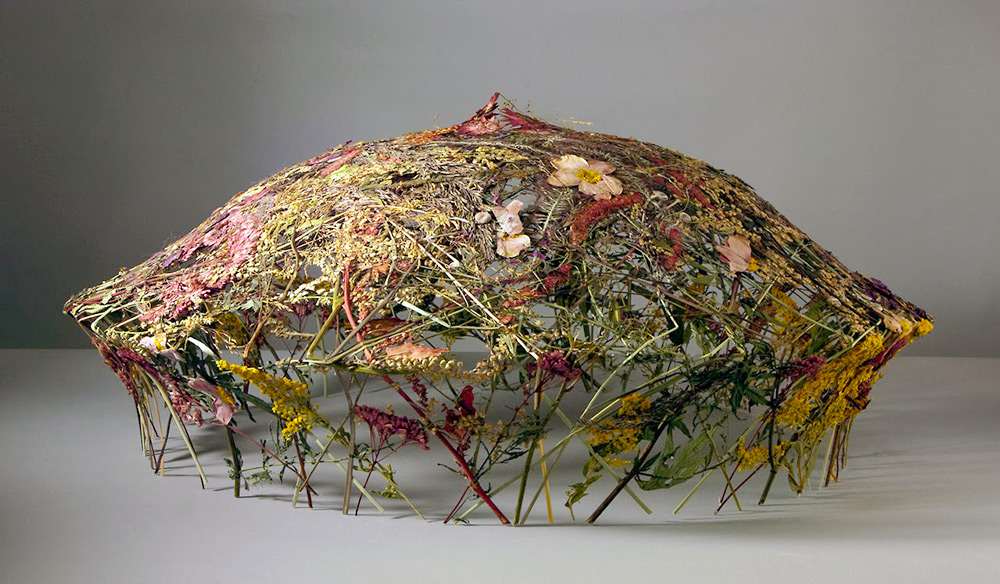 Floral art installation with dried flowers and intertwining branches on display