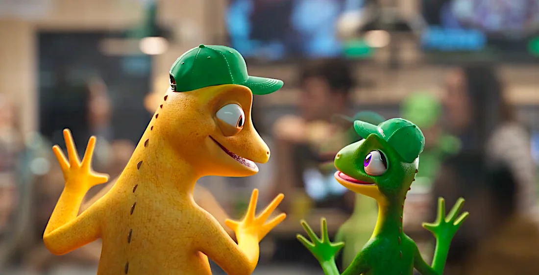 Animated yellow dinosaur with green cap talking to smaller green dinosaur in a friendly interaction.