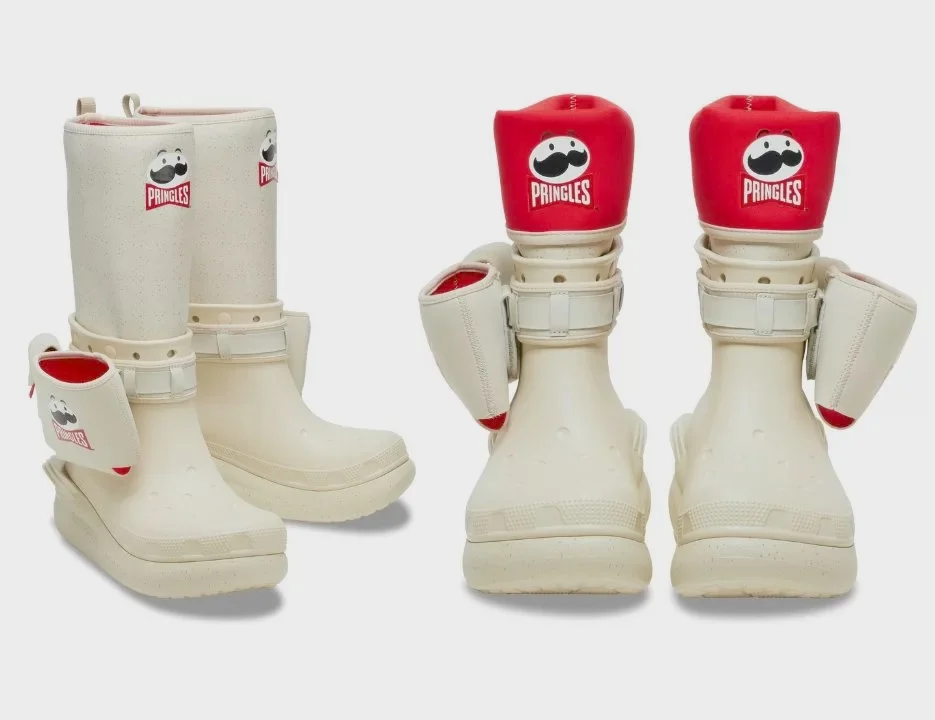 Beige Pringles branded rain boots with red accents and logo displayed on white background.