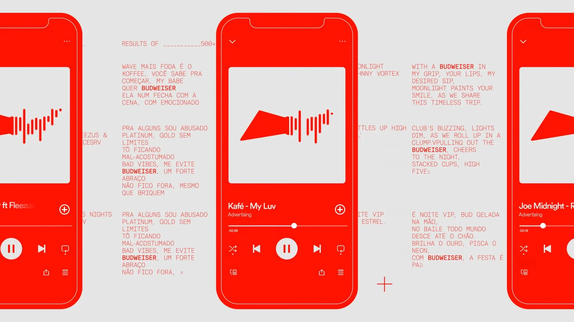 UninterruptAds. Red smartphone screens displaying music player interface with Budweiser advertising campaign text.