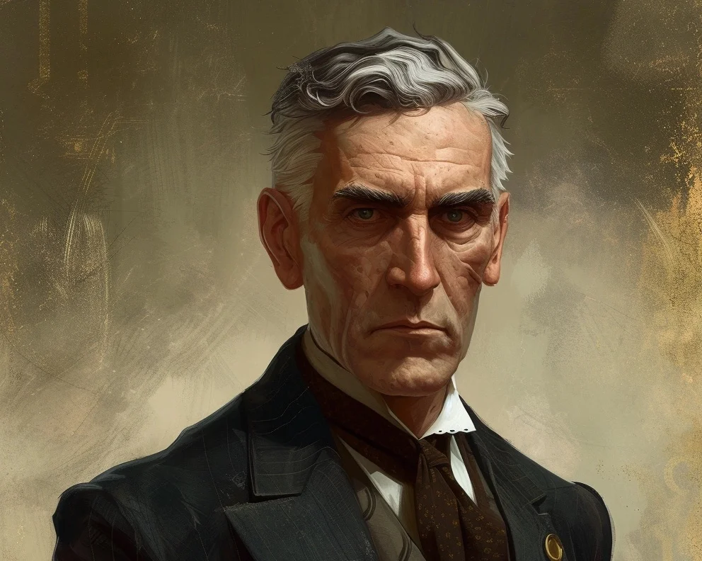 Digital painting of an older man with silver hair, stern expression, wearing a vintage suit against a textured golden background.