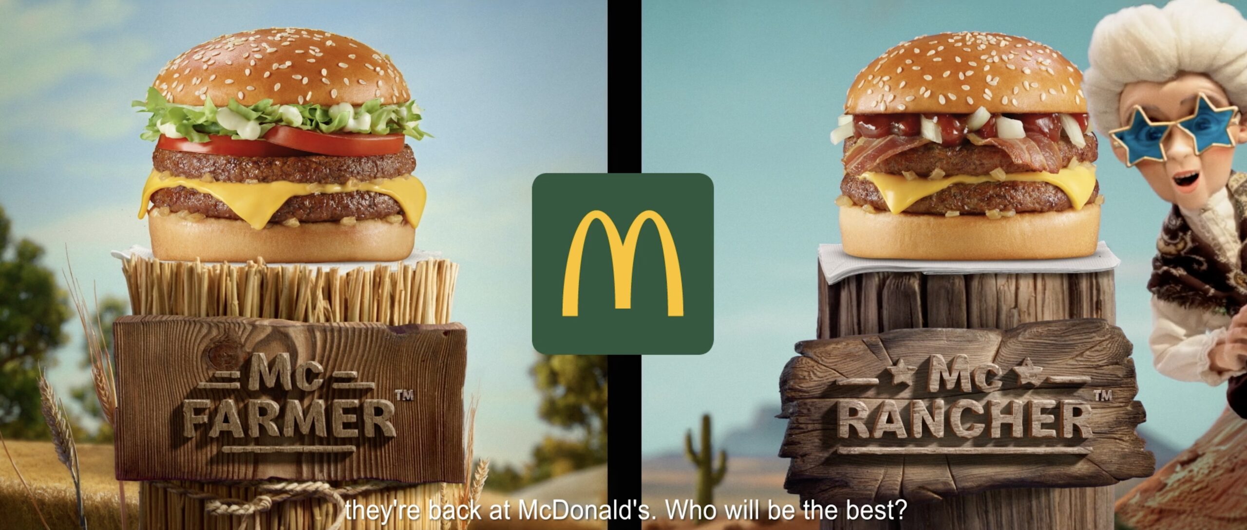 McDonald's McFarmer vs McRancher burgers campaign advertisement with logo and character in wild west outfit