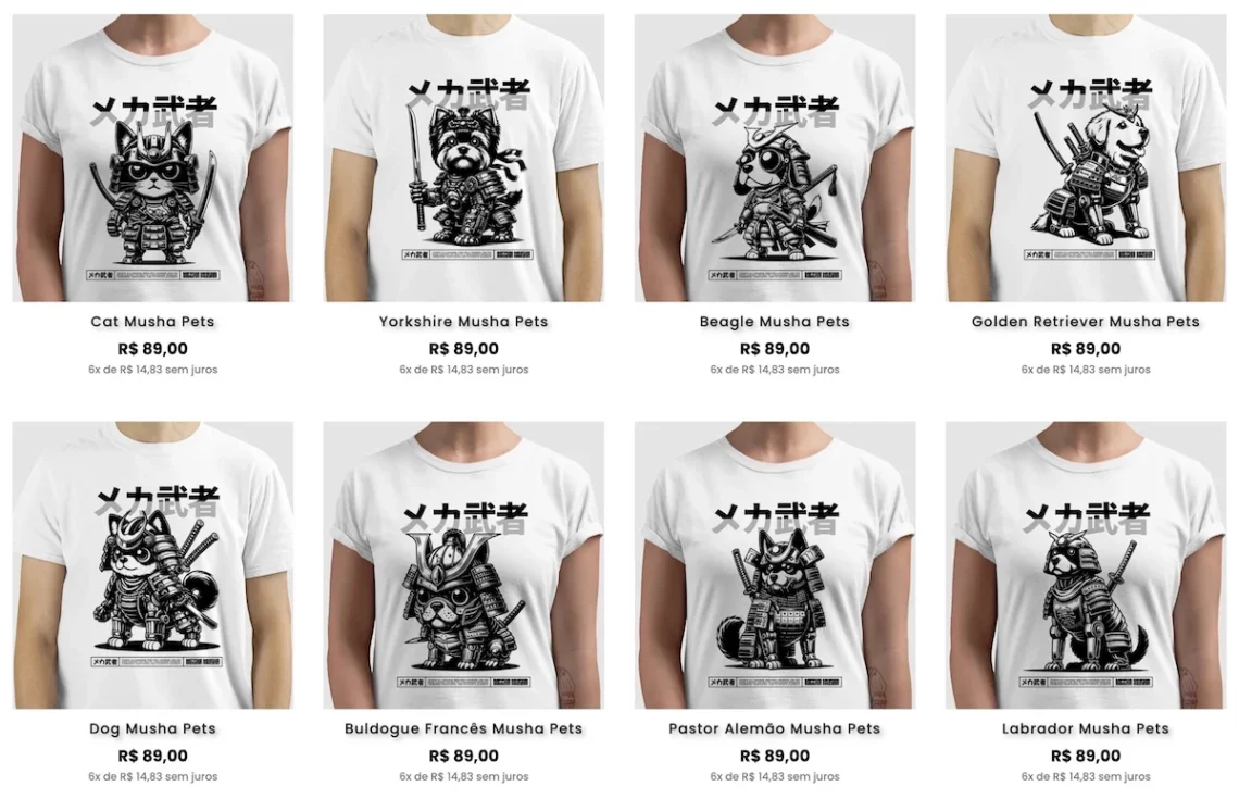 Variety of musha pets themed t-shirts featuring cats and dogs in samurai armor, available for sale.
