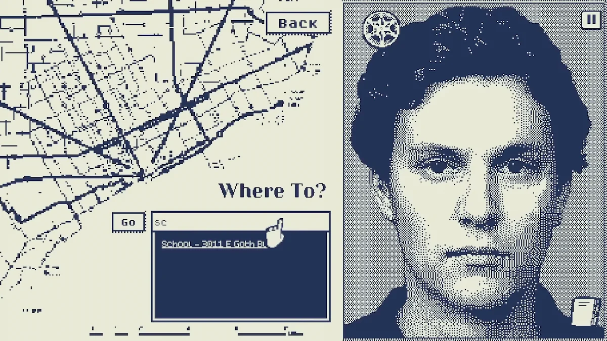 Retro GPS navigation screen with street map and pixelated male face in vintage computer graphics style.