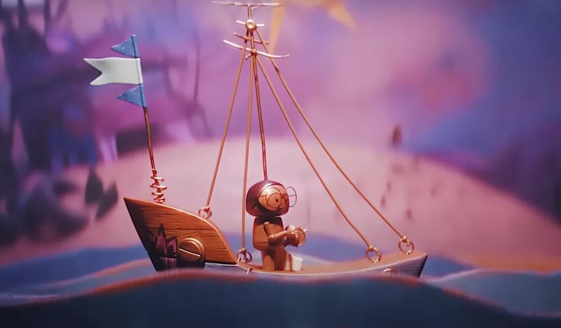 Emicida 'Acabou, Mas Tem…'   Animated figure steering wooden toy ship with sails on wavy blue surface, whimsical purple background.