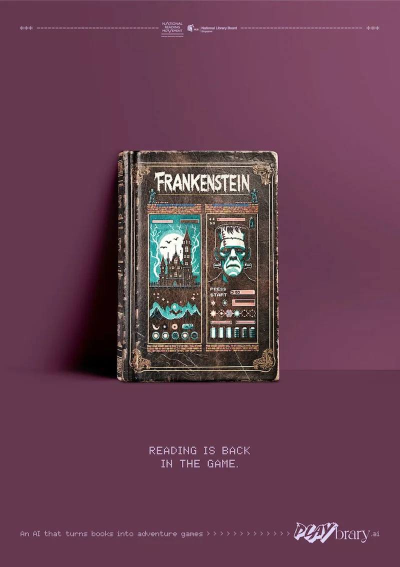 Vintage Frankenstein book cover redesigned as a video game for National Novel Writing Month by Playbrary.ai with the tagline Reading is back in the game.
