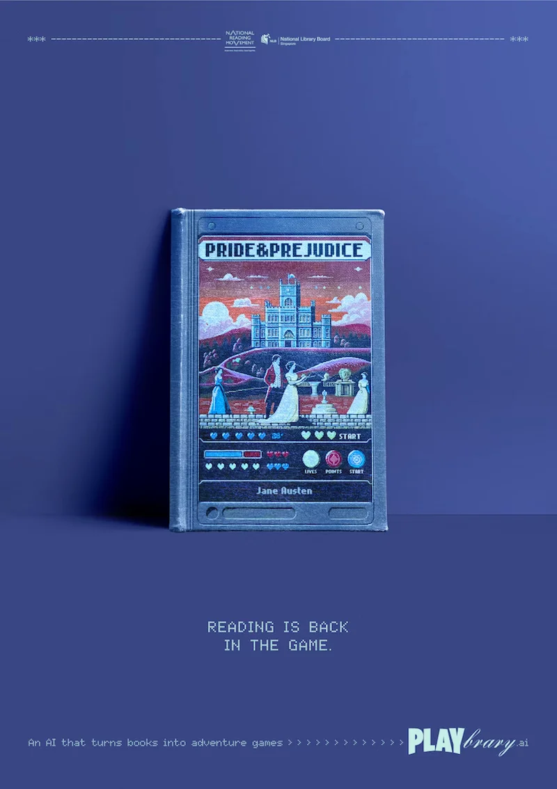 Pride and Prejudice book designed as vintage video game packaging by Playbrary.ai with the tagline "Reading is Back in the Game" promoting AI that turns books into adventure games.