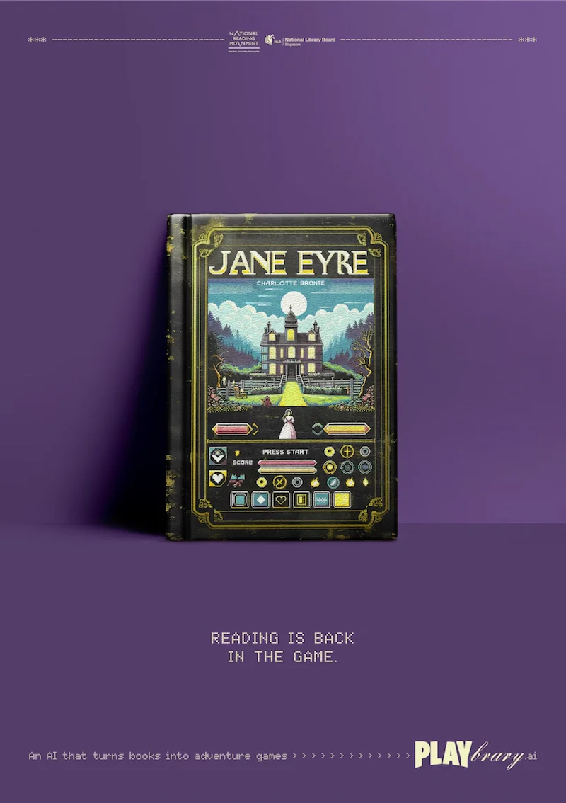 Playbrary. Vintage-style Jane Eyre video game book cover with tagline "Reading is back in the game" by Playbrary.ai