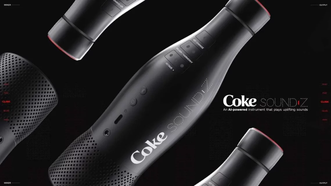 Coke Soundz AI-powered musical instrument concept design on a dark background.