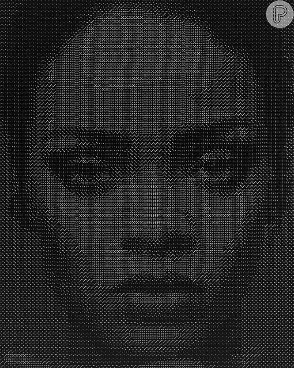 Close-up halftone portrait of a person with a neutral expression displayed in monochromatic pixels