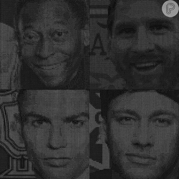Collage of four male faces in grayscale pixelated effect