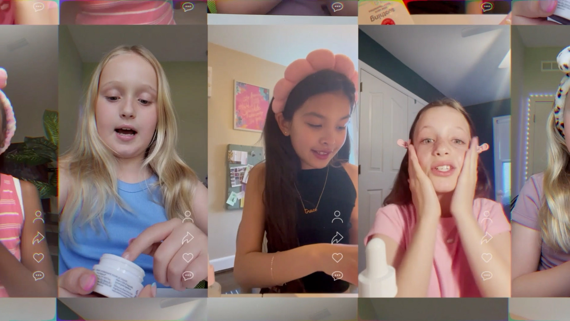 Three girls engaging in skincare routine using beauty products in a collage of video call screenshots.