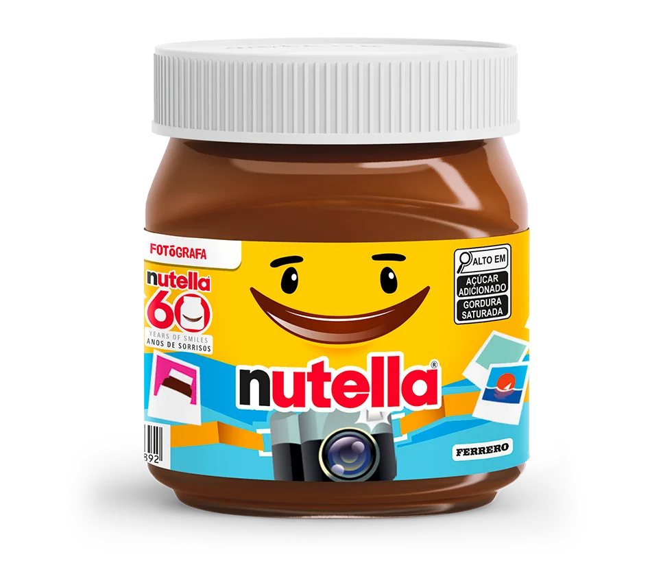 Limited edition Nutella jar celebrating 60 years with smiley face design and camera graphics against white background.