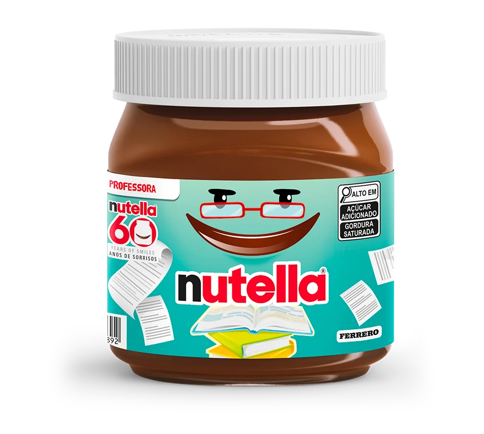 Nutella chocolate hazelnut spread jar celebrating 60 years with smiley face design and books, labeled as high in sugar and saturated fats.
