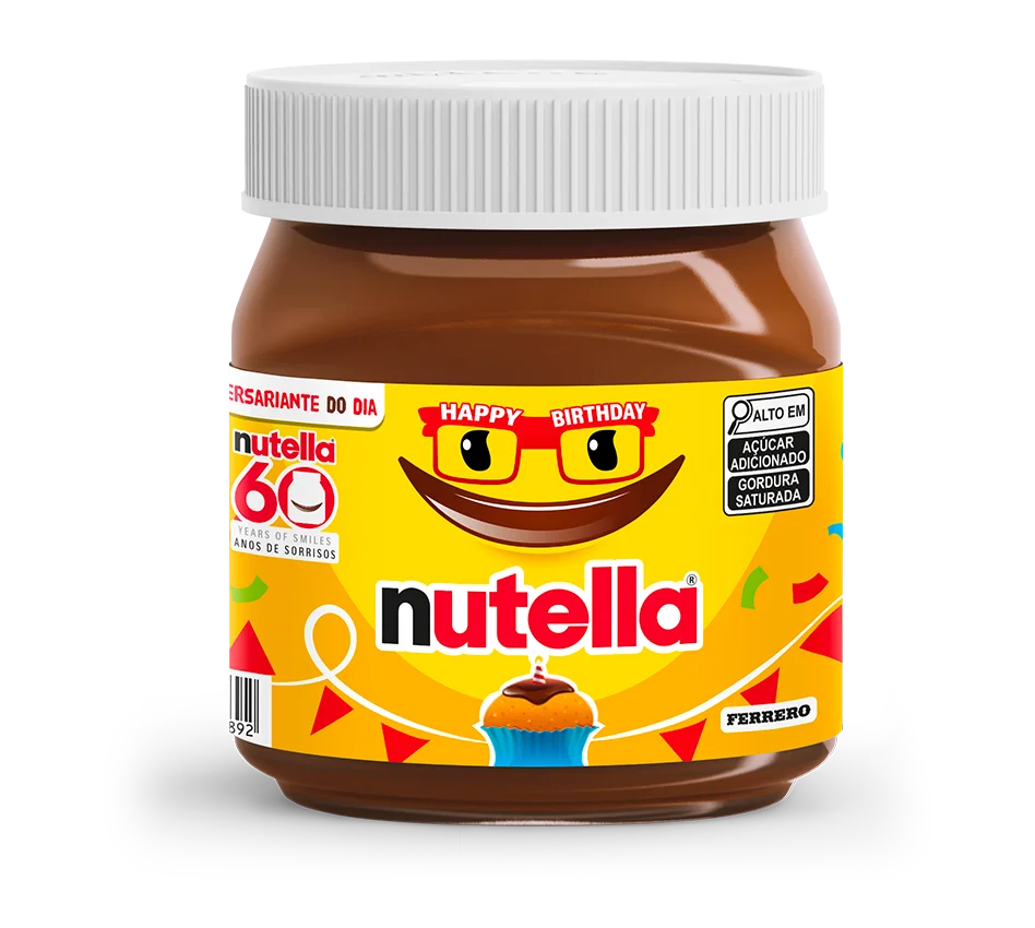 Limited edition Nutella 60th birthday jar with festive design on a transparent background.