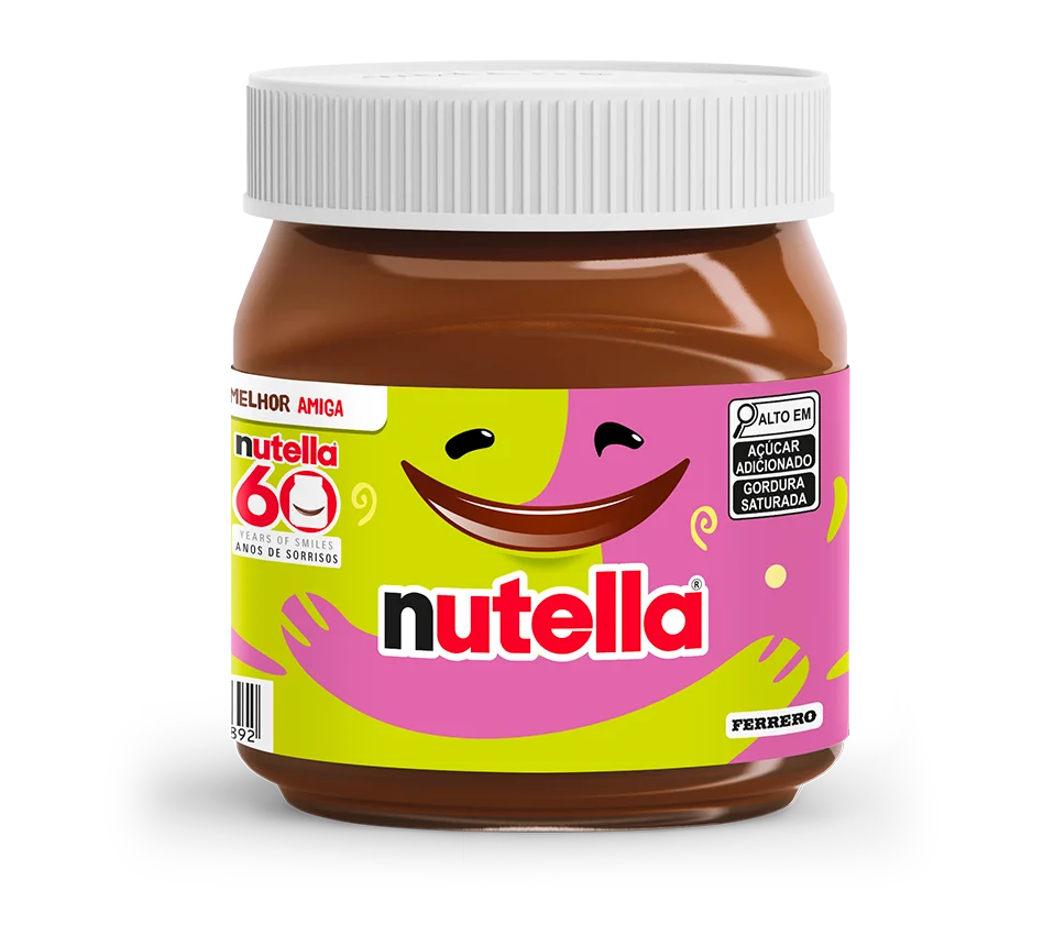 Nutella 60th anniversary jar with smiling face design on pink label