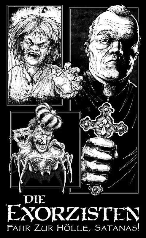 jogos esquisitos. Black and white illustration of exorcism theme with enraged woman, determined priest holding a cross, and demonic figures, with German text 'Die Exorzisten, Fahr zur Hölle, Satanas'.