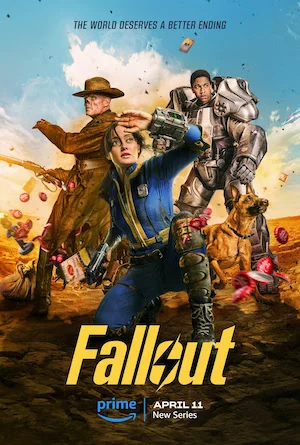 adaptações de videogames. Fallout series promotional poster showing main characters with futuristic backdrop, premiering April 11 on Prime Video.