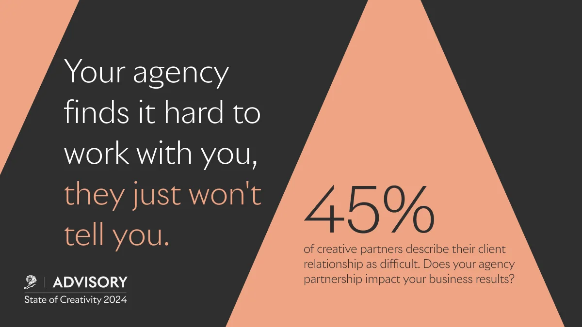 Infographic illustrating agency-client relationship issues with 45% of creative partners finding it difficult, from the State of Creativity 2024 report by Advisory.