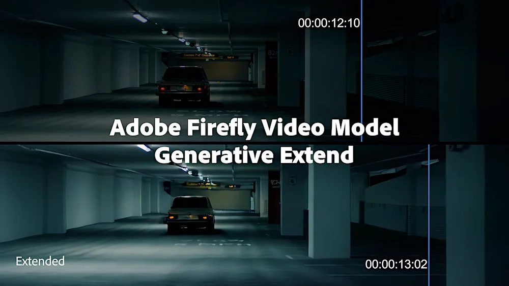 Underground parking garage with a single car and text overlay about Adobe Firefly Video Model Generative Extend. Adobe Premiere Pro AI