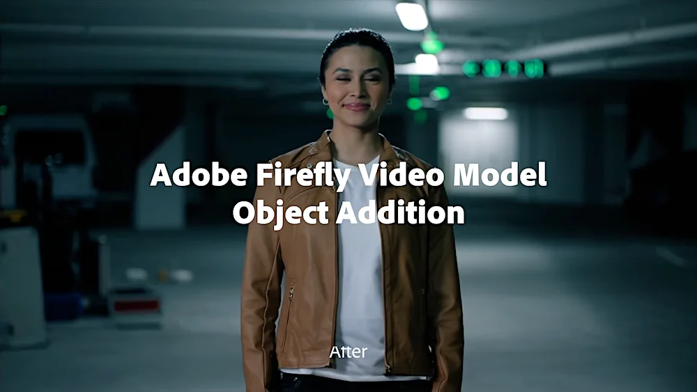 Woman in brown leather jacket standing in a parking garage with text overlay "Adobe Firefly Video Model Object Addition"