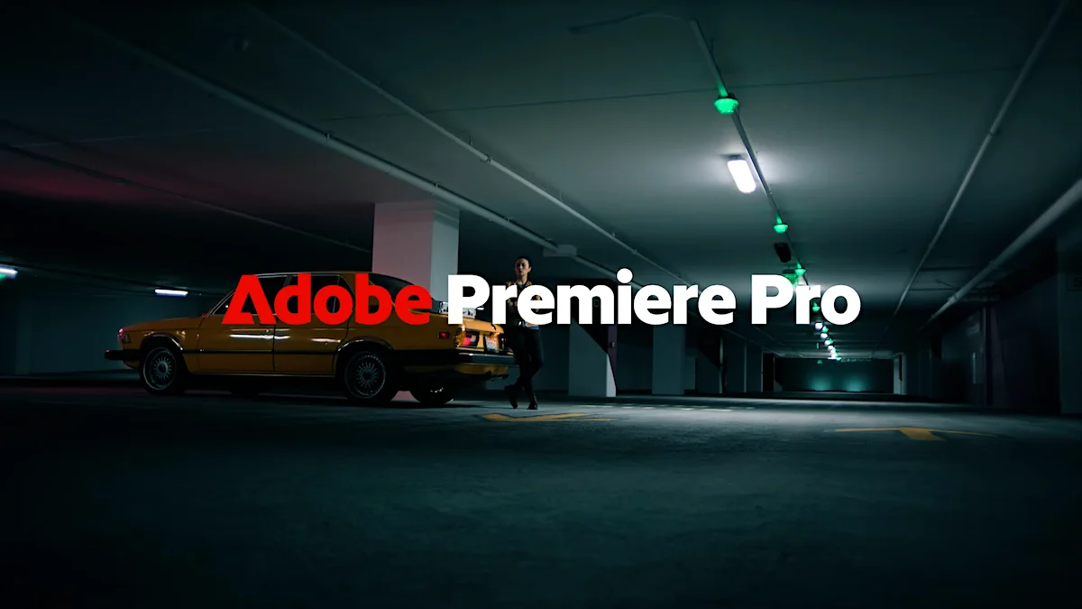 Adobe Premiere Pro advertisement featuring a vintage car and a person in an underground parking lot.