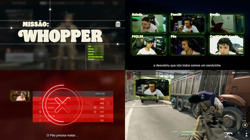 Collage of a Whopper-themed video game mission with players' reactions and gameplay, featuring in-game burger assembly and action sequences. Clio Awards 2023