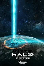 Halo series premiere promotional poster with beam of light over planet, debuting February 8 on Paramount+