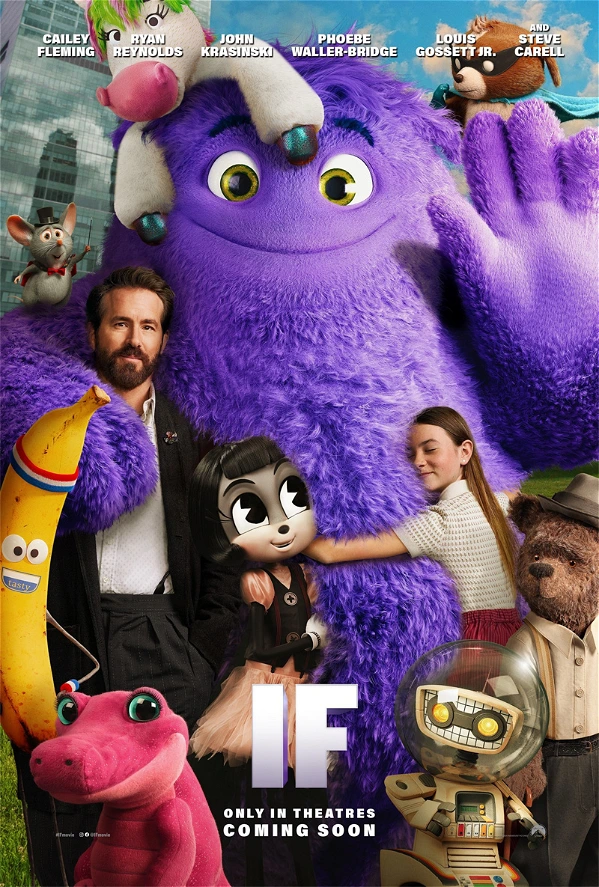 Amigos Imaginários Movie poster for 'IF' featuring a large purple animated creature with a variety of other characters including animated figures and actors, announcing its release in theaters soon.
