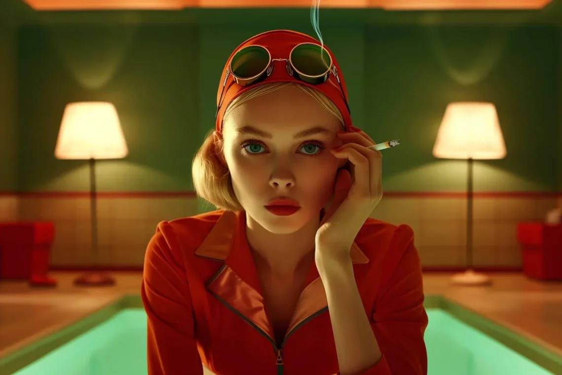 Woman in orange outfit with sunglasses sitting by poolside in retro styled room