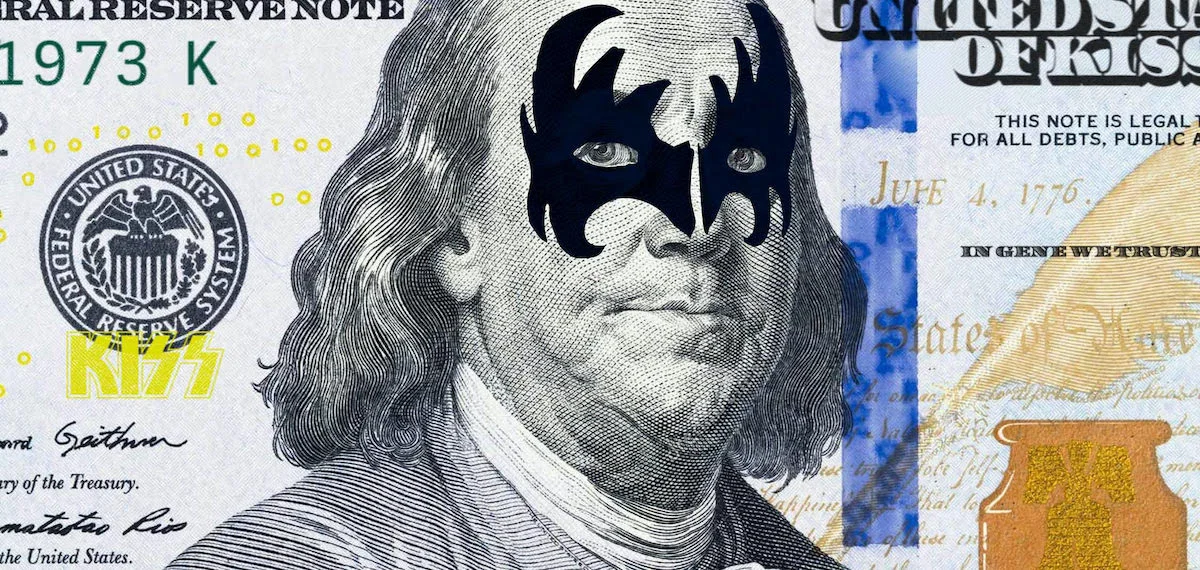 U.S. currency with Benjamin Franklin wearing KISS band makeup on a one hundred dollar bill