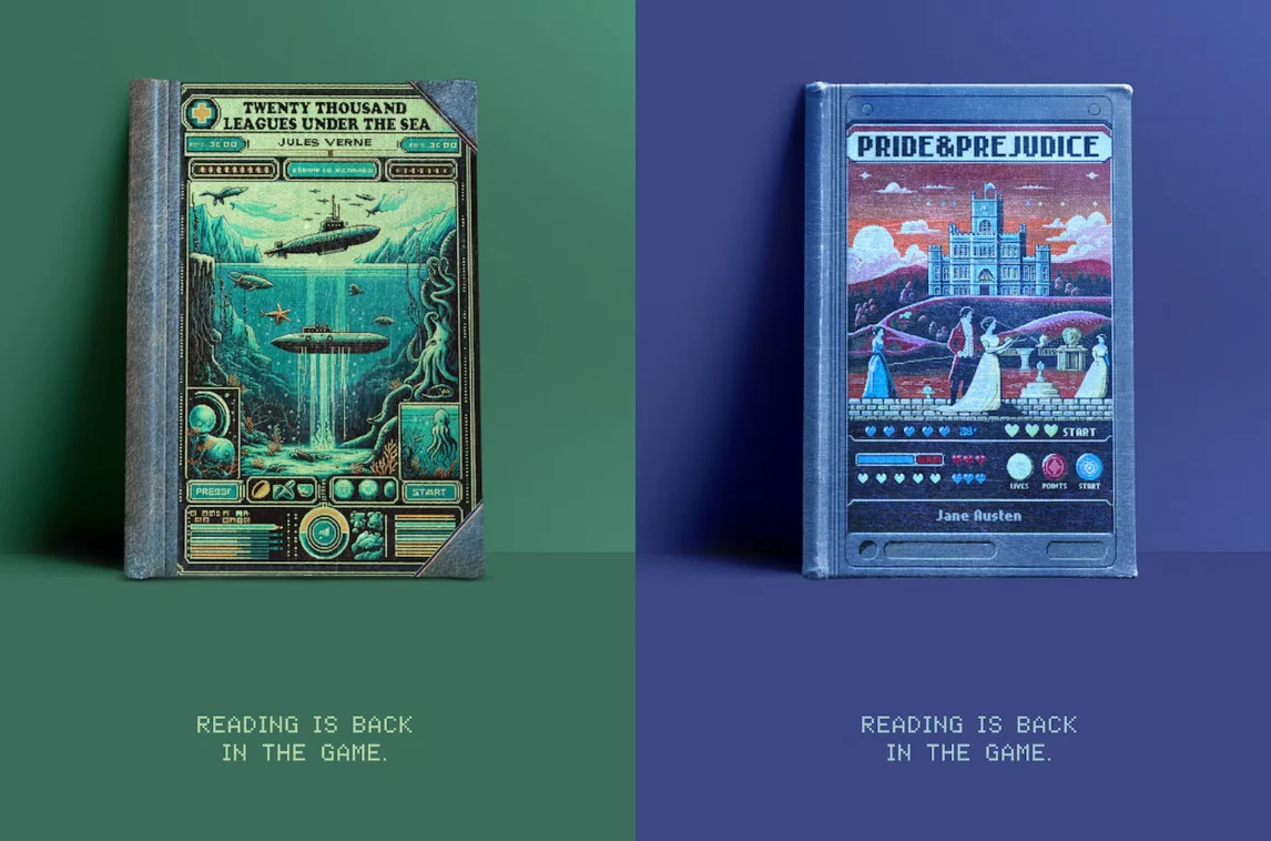 Classic novels reimagined as vintage video game covers, featuring Jules Verne's "Twenty Thousand Leagues Under the Sea" and Jane Austen's "Pride and Prejudice" with arcade-style artwork.