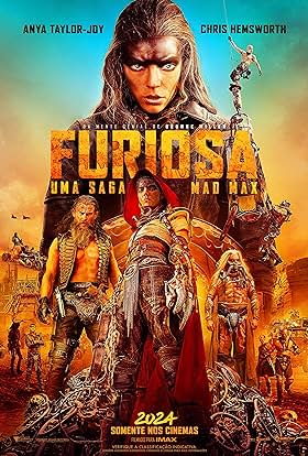 Furiosa movie poster featuring Anya Taylor-Joy and Chris Hemsworth in a post-apocalyptic setting, coming to theaters in 2024.