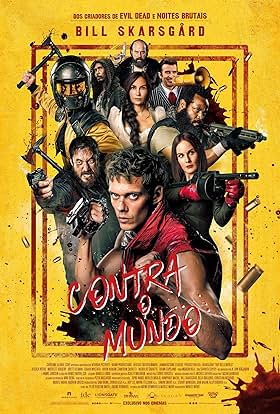 Movie poster for "Contra o Mundo" featuring Bill Skarsgård and an ensemble cast with action-packed, graphic novel style artwork.