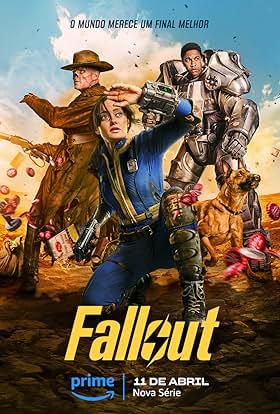 Promotional poster for Fallout TV series on Prime Video with characters in action poses set in a post-apocalyptic landscape, featuring launch date.