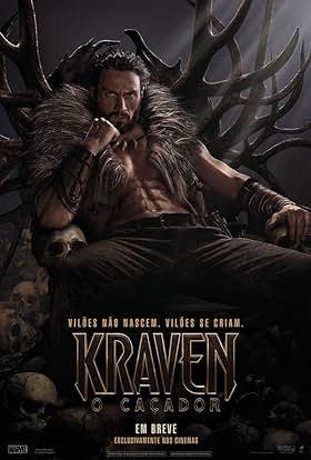 Movie poster for Kraven the Hunter featuring a male character on a throne with fur collar and antler backdrop.