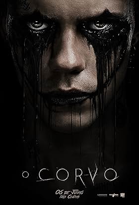 Person with dramatic black eye makeup running down cheeks, intense gaze, 'O Corvo' text, dark moody poster.