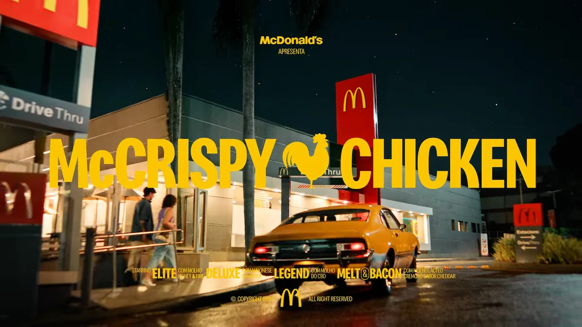 McDonald's McCrispy Chicken advertisement featuring drive-thru and customers during a night scene.
