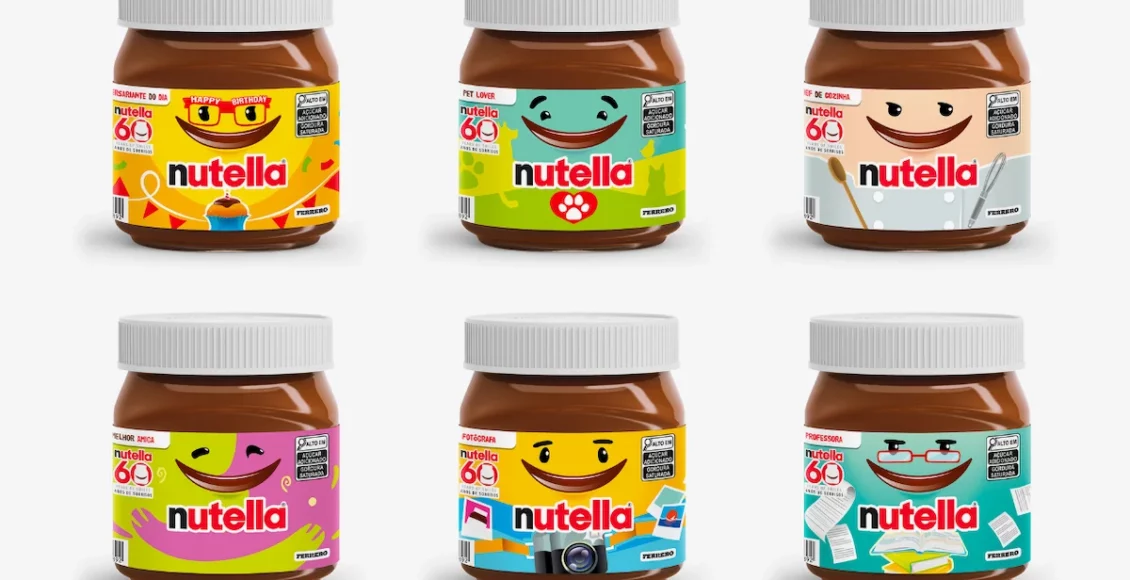 Collection of Nutella jars with playful, animated faces celebrating the brand's 60th anniversary, featuring diverse professions and hobbies on labels.