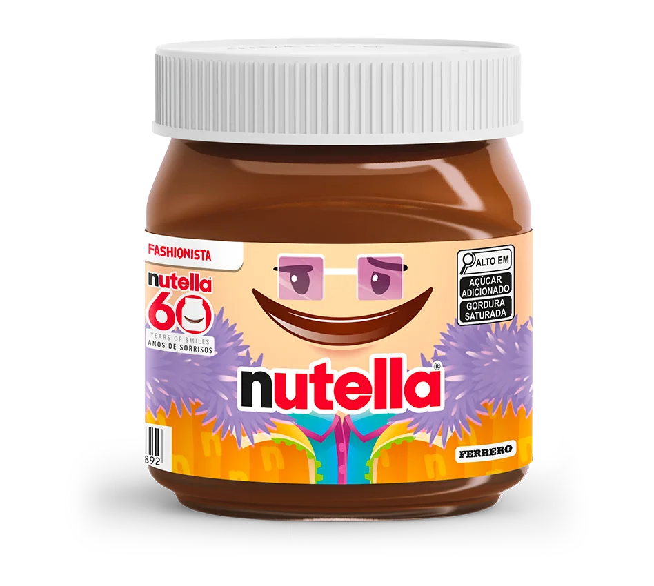 Nutella 60 anos. Limited edition Nutella 60 years anniversary jar with colorful fashion design on white background.