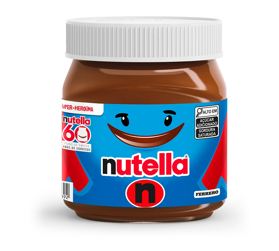 Nutella 60th anniversary chocolate hazelnut spread jar with a smiling face design on white background