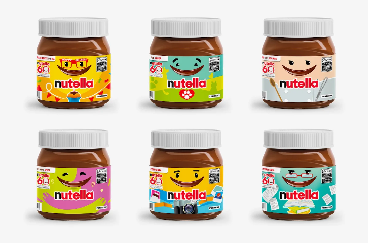 Collection of Nutella jars with playful, animated faces celebrating the brand's 60th anniversary, featuring diverse professions and hobbies on labels.