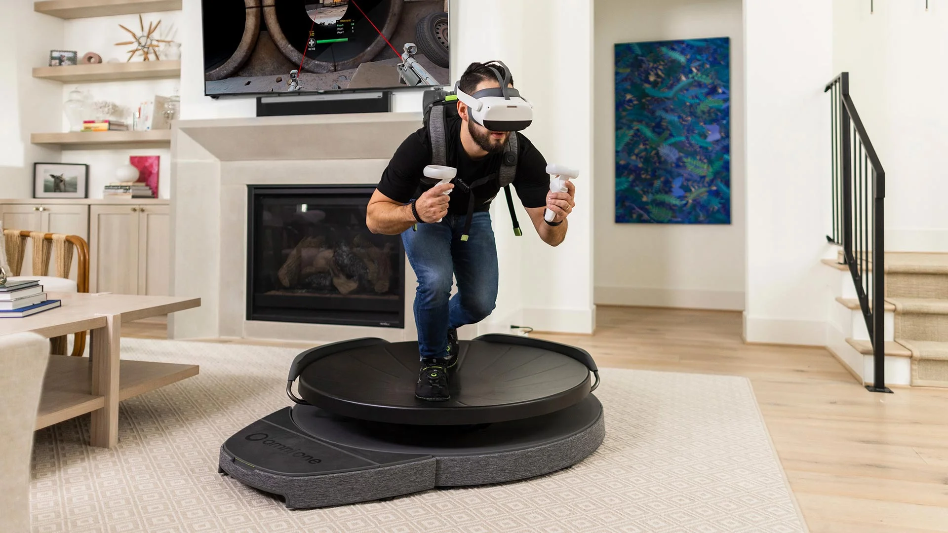 Man using virtual reality headset and motion controllers on a VR omnidirectional treadmill at home
