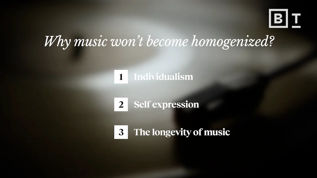 futuro da música. Future of music. Blurry image of a text presentation questioning why music won't become homogenized, highlighting individualism, self-expression, and longevity of music.