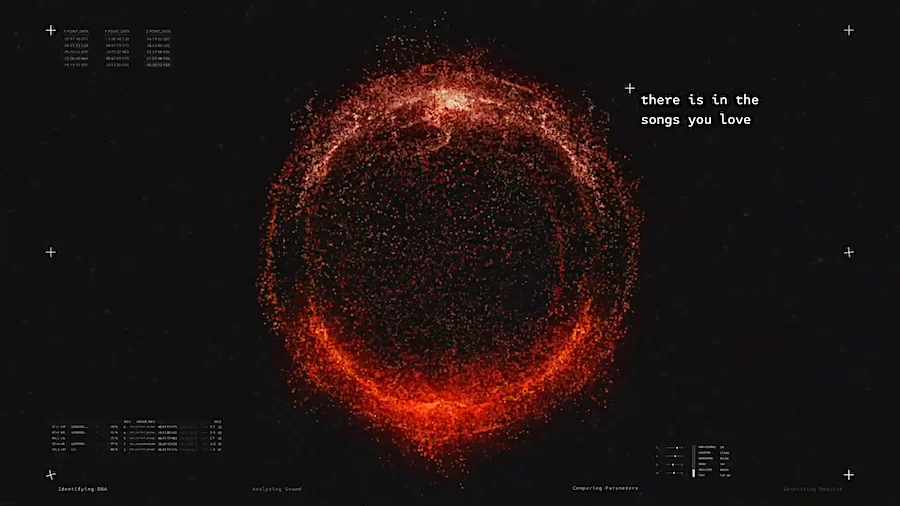 Abstract orange and red circular data visualization graphic with text "there is ün the songs you love" against a dark background.