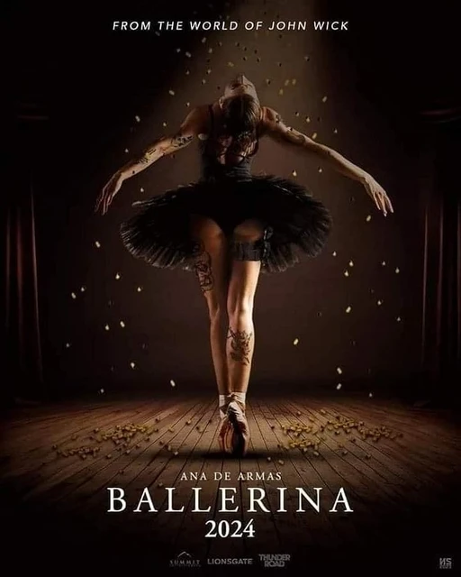 John Wick spin-off Ballerina 2024 movie poster featuring a tattooed ballerina on stage.