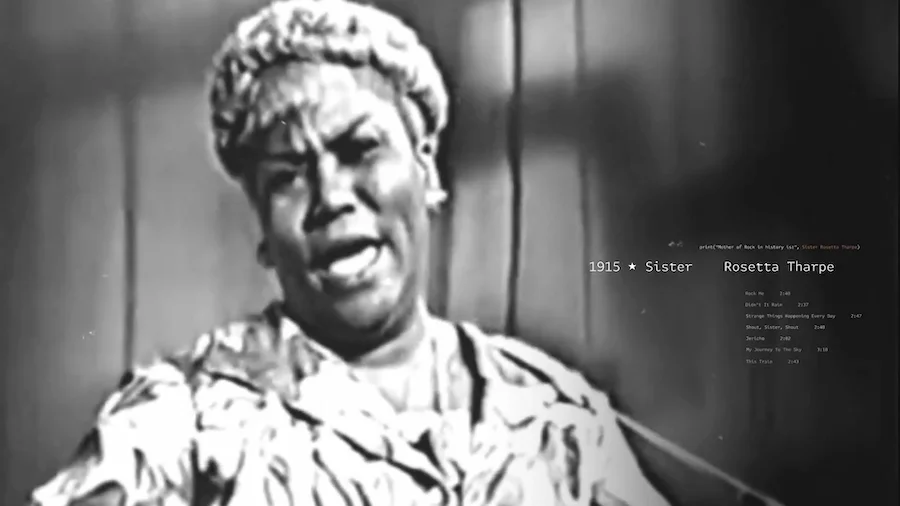 AlmapBBDO e Billboard Brasil. Blurry black and white image of a woman singing, with text highlighting Sister Rosetta Tharpe and her contribution to rock music history.